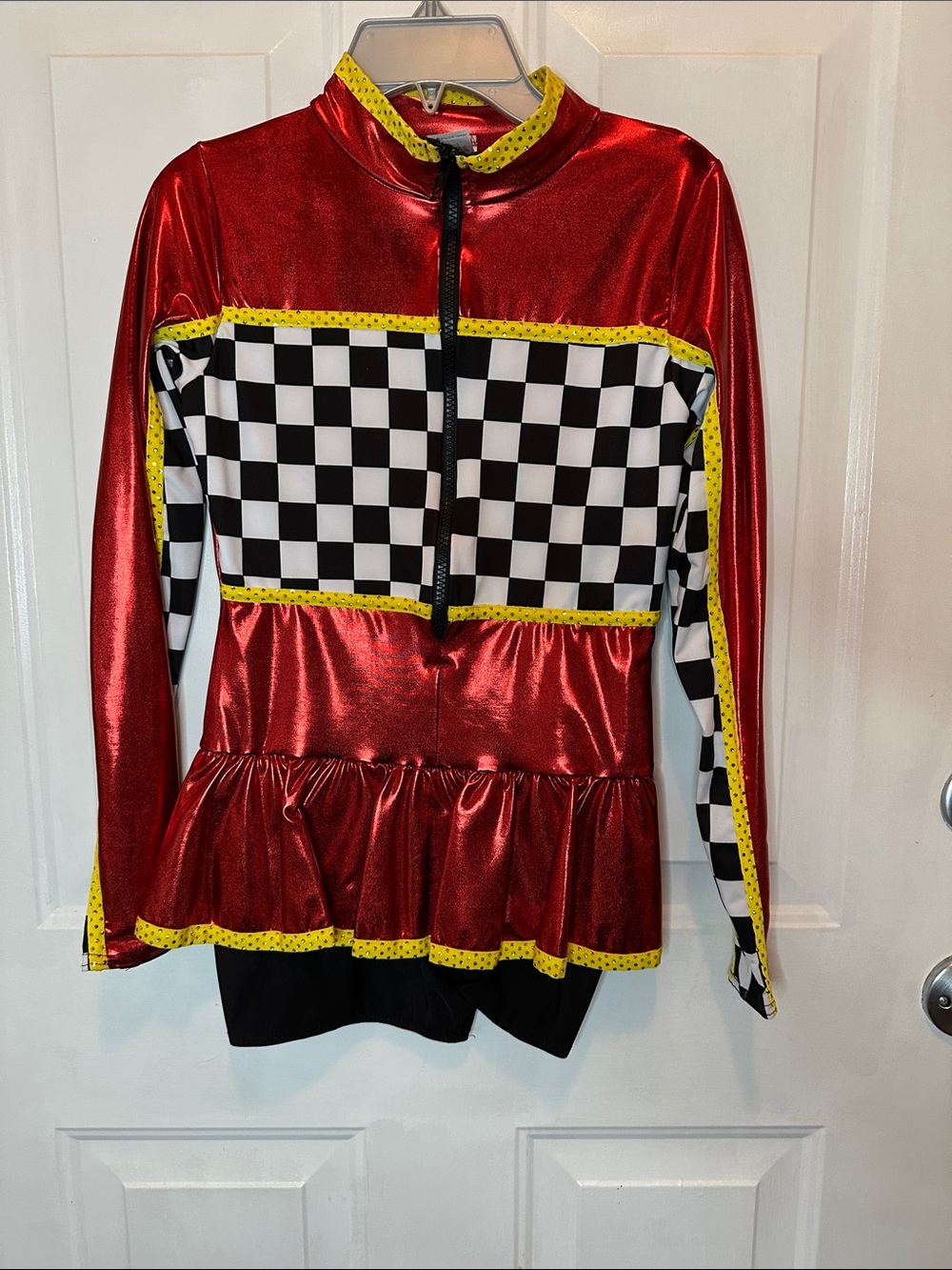 Wish Red and Black-White Check Racing Dress with Yellow Trim
